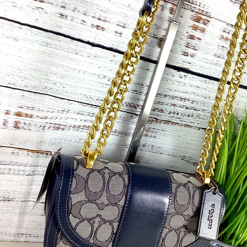 Coach Alie Saddle Crossbody Bag Navy Blue and Gold‎ Signature Jacquard Purse - Picture 10 of 14